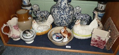 Lot 123 - Two hen egg tureens, modern oriental vases/lamps, stoneware jug, pair of modern blue and white...