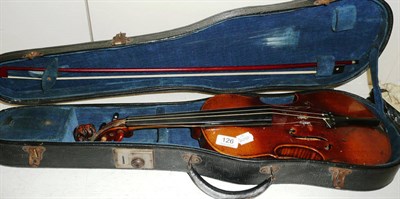 Lot 126 - A 19th century German violin, with lion mask carved scroll, together with a bow, cased