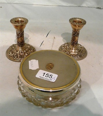 Lot 155 - Pair of embossed silver table candlesticks and a silver-mounted, engine turned and initialled...