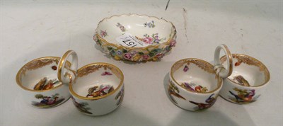 Lot 157 - Two hand-painted table salts (crossed swords mark) and a floral encrusted pin tray (with...