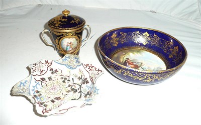 Lot 162 - A Sevres style cup and cover, a Sevres style bowl and a Japanese bowl and stand