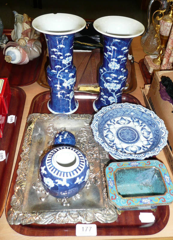 Lot 177 - Tray including Chinese blue and white vases, cloisonne bowl and a white metal tray, etc