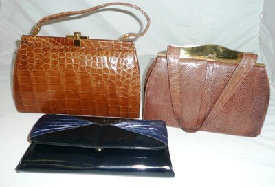 Lot 178 - Jane Shilton brown lizard skin handbag, a crocodile style handbag and a patent clutch