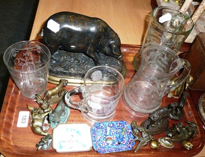 Lot 183 - Spelter figure of a pig and eighteen other metal ornaments and four glasses