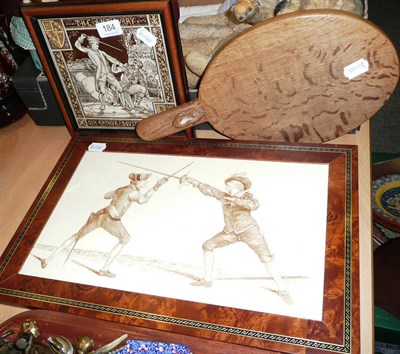 Lot 184 - Two Minton tiles and a Mouseman cheese board