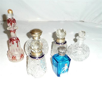 Lot 186 - Pair of cut glass and enamel scents and four others