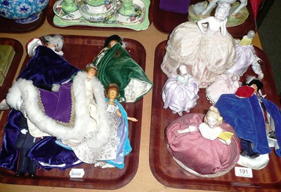 Lot 191 - Assorted china half dolls and six costume dolls by Peggy Nisbet (with labels) - on two trays