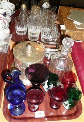 Lot 202 - Assorted coloured and cut glassware, two decanters and stoppers with plated spirit barrels,...