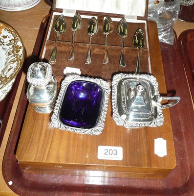 Lot 203 - Silver plated condiment set, canteen, teaspoons and fish servers