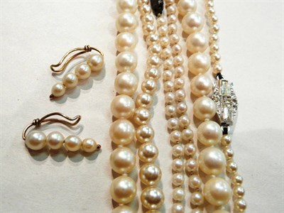 Lot 232 - Three strands cultured pearls and earrings