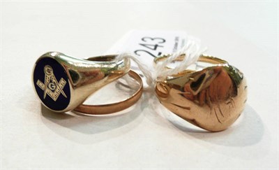 Lot 243 - Four gold rings including an enamelled Masonic ring