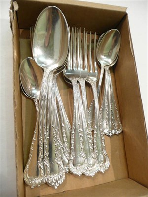 Lot 249 - Six silver tablespoons, six silver table forks and six silver teaspoons, Sterling silver approx...
