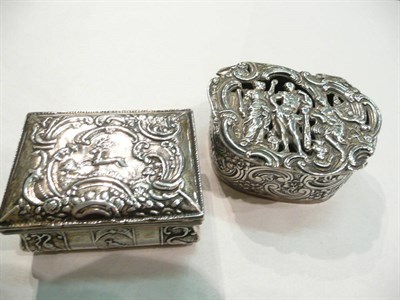 Lot 269 - Continental rectangular hinged snuff box embossed with a stag and birds and a silver pierced...