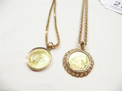Lot 272 - A 1/10 Krugerrand coin in a pendant mount on a 9ct gold box link chain and a Manx coin pendant on a