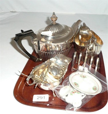 Lot 291 - A three piece plated tea service by "Elkington & Co.", silver items and a miniature ceramic teaset