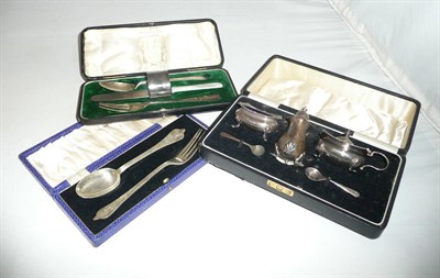 Lot 293 - Cased silver christening set, cased silver cruet set and a Walker & Hall silver christening set