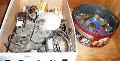 Lot 297 - Silver sugar bowl, silver cream jug, a quantity of silver plate and a quantity of coins