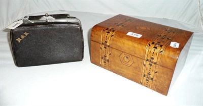 Lot 319 - Inlaid work box and contents and a leatherette Gladstone-style manicure and sewing bag