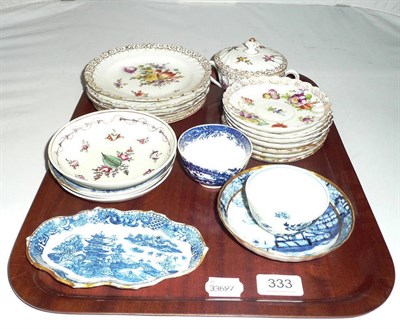 Lot 333 - Tray of assorted 18th century blue and white tea bowls, spoon tray etc and Dresden pieces