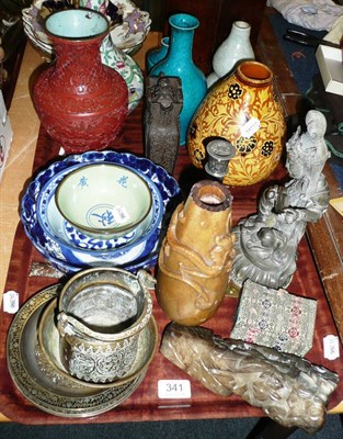 Lot 341 - Two trays of Oriental ceramics and ornamental items including Chinese turquoise glazed vases, a...