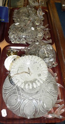 Lot 342 - A pair of cut glass bag shades with button drops and two other cut glass bag shades with button and