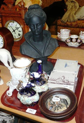 Lot 347 - A tray of ceramics including three Dutch manganese Delft tiles, three blue Delft tiles, a black...