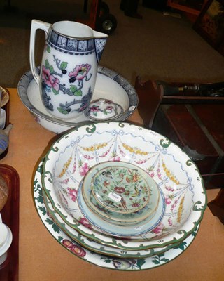 Lot 357 - A Losol Ware toilet ewer, soap dish and bowl, three other toilet bowls, four Chinese celadon dishes