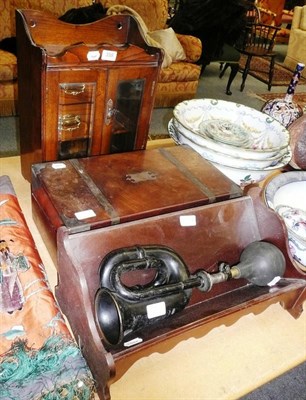 Lot 358 - Elm smoker's cabinet, mahogany writing box, mahogany bookrack and a King of the Road car horn