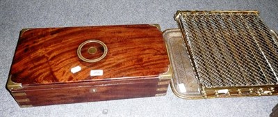 Lot 366 - A mahogany brass bound box, a brass tray and a brass fireguard