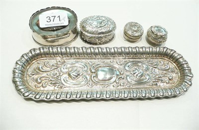 Lot 371 - Embossed silver tray and four assorted boxes