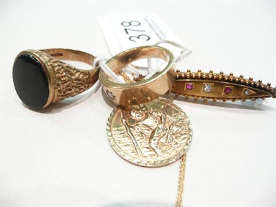 Lot 378 - 9ct gold brooch, St Christopher pendant, diamond gypsy-set ring and a gents ring