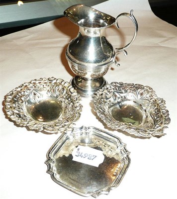 Lot 380 - Matched pair of silver dishes, silver cream jug and silver pin tray, approx 4 troy oz