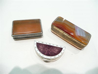 Lot 382 - Demi-lune silver and enamel pill box and two agate-mounted boxes