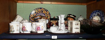 Lot 421 - A quantity of decorative ceramics including Doulton plates, Bunnykins and Pooh money boxes, tea...