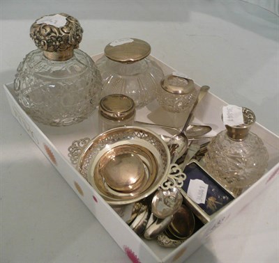 Lot 433 - Silver-mounted scent bottles, silver teaspoons, oval silver dish, pierced silver dish, etc