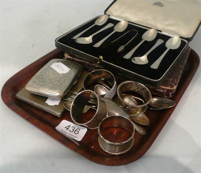 Lot 436 - Silver cigarette cases, napkin rings, cased spoons, fruit spoons, etc