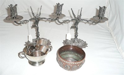 Lot 452 - Silver two-handled sugar bowl, four silver napkin rings, a Burmese bowl and a pair of silver plated