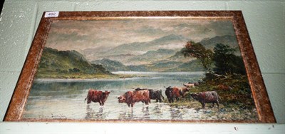 Lot 492 - Framed oil on canvas of Highland cattle watering, signed William Langley