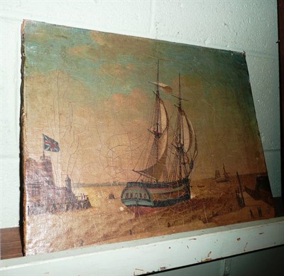 Lot 497 - Unframed oil on canvas of ships in harbour