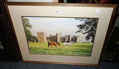 Lot 514 - Framed watercolour by Alfred M Alderson 1993 'Raby Castle, Co Durham' with horses in the foreground