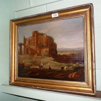 Lot 536 - 19th century gilt-framed oil on board - figure with cattle and sheep and a classical ruin in...