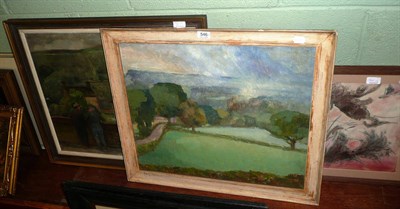 Lot 546 - Three pictures - an oil by Raymond Coxon, together with an an abstract watercolour by the...