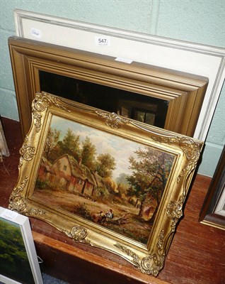 Lot 547 - A 19th century oil of cottages, an oil of figures in an interior and a watercolour river...