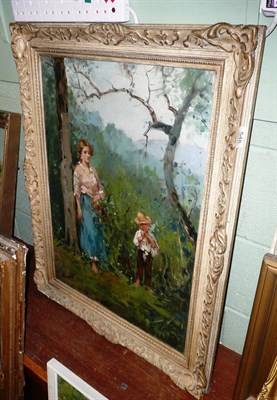 Lot 548 - Antonini, oil on hardboard, mother and boy in landscape