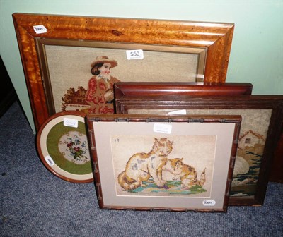 Lot 550 - Maple framed woolwork picture of a boy seated with his dog and four others (5)