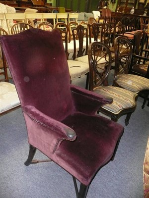 Lot 657 - A pair of mahogany wheel-back chairs in Hepplewhite style and an armchair upholstered in maroon...