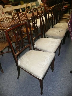 Lot 660 - Pair of Hepplewhite-style dining chairs and a pair of Edwardian lattice-back dining chairs (4)