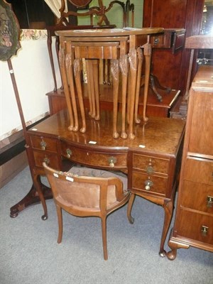 Lot 708 - Reproduction walnut break-bow-front dressing table, a tub-shaped chair and a nest of tables