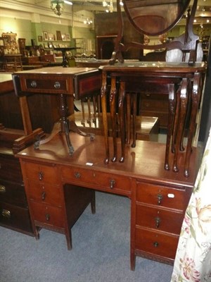 Lot 716 - Small kneehole desk, a nest of tables, a small reproduction sofa table, toilet mirror and a...