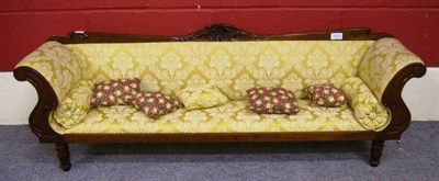 Lot 1020 - Reproduction Carved Mahogany Framed Dolls Scroll End Settee upholstered in yellow silk damask...